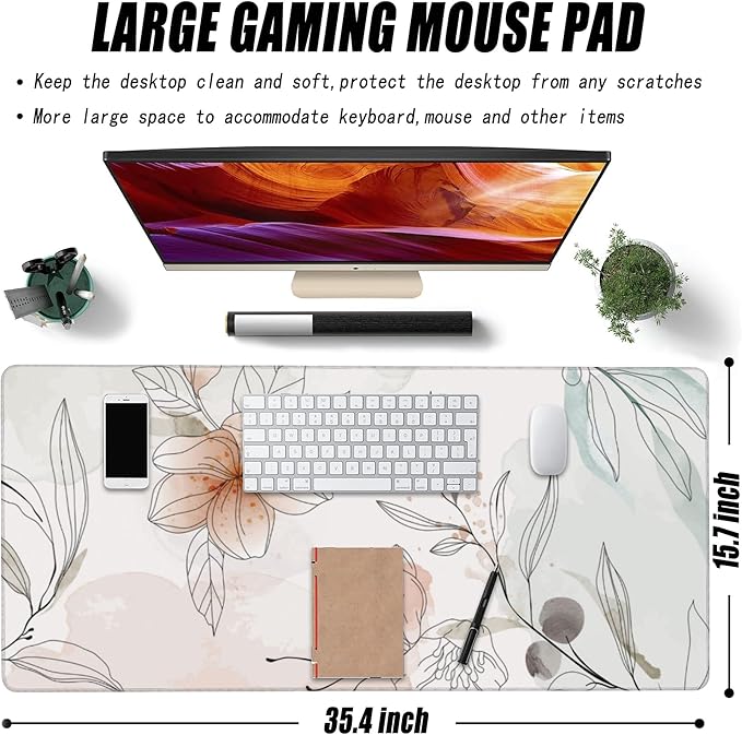 Desk Mat, Abstract Boho Flowers Extended Large Gaming Mouse Pad XXL, Non-Slip Rubber Base Stitched Edges Long Computer Keyboard Desk Pad Mouse Mat for Home Office Gaming 35.4"X15.7"