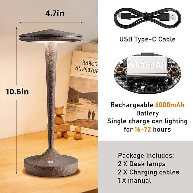 YHT 2Pack CordlessTable Lamps Rechargeable, 6000mAh Battery Portable LED Touch Led Table Lamp, 3-Color Stepless Dimming & Memory Function, for Outdoor, Dinning, Patio, Restaurant, Kitchen (2 Rust)