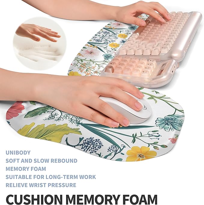 2-in-1 Ergonomic Set, Wave Keyboard Wrist Rest and Massage Slope Mouse Pad Wrist Support, Rebound Memory Foam for Ergonomic Comfort (Pink Flowers)