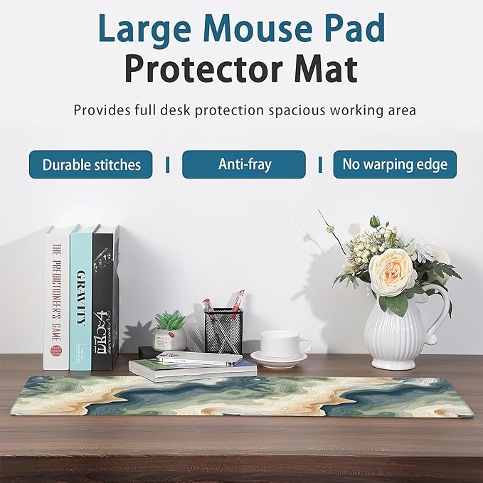 Gaming Mouse Pad,Color Topographic Contour Map Extended Mouse Pad Gaming Large, 31.5"x11.8"Abstract Blue and Green Waves Desk Mat with Non-Slip Base and Stitched Edge,Computer Keyboard for Home Office