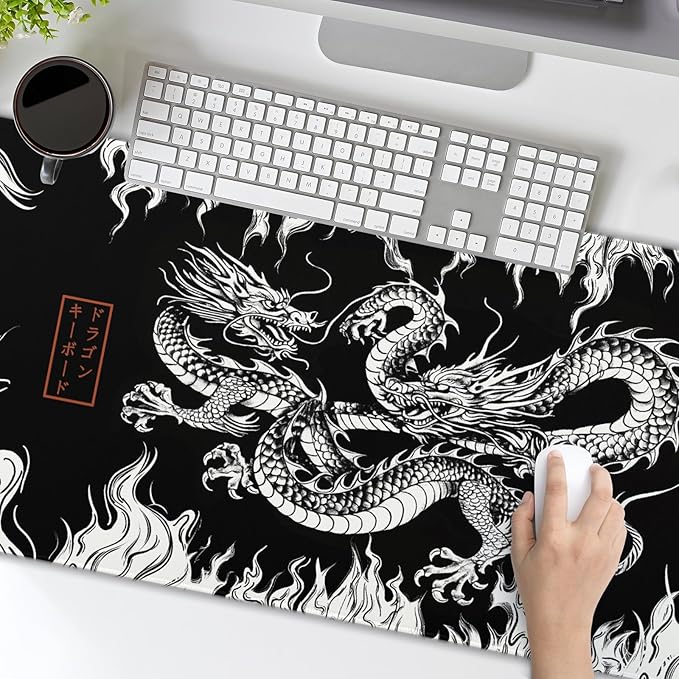 Japanese Dragon Mouse Pad XL Black White Aesthetic Anime Extended Desk Mat 80X30 cm Non-Slip Rubber Base Stitched Edge Large XL Mousepad for Desk Gaming Laptop Desktop,31.5×11.8 Inch