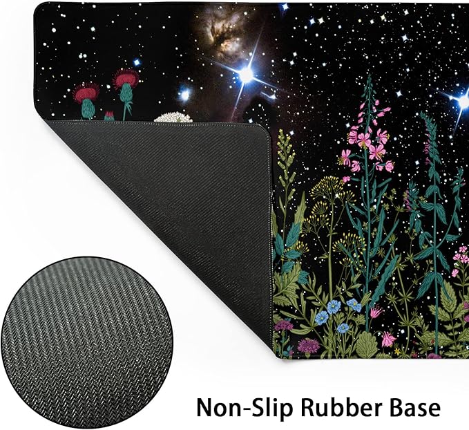 aportt Black Aesthetic Wildflower Large Mouse Pad XL Space Galaxy Weeds Herb Cute Floral Extended Desk Mat Big 80X30 CM Non-Slip Rubber Base Stitched Edge Long Mousepad,31.5×11.8 Inch