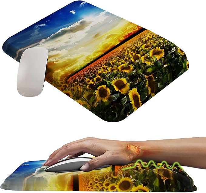 MEKASS Mouse Pad with Wrist Rest, Ergonomic Slope Mousepad for Carpal Tunnel, Memory Foam Desk Computer Wrist Support Mouse Pad with for Office Home (Sunflower)