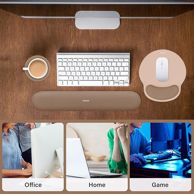 MOSISO Wrist Rest Support for Mouse Pad&Keyboard Set, Circle Curved Ergonomic Mousepad&Coaster Non-Slip Base Home/Office Wrist Support&Easy Typing Pad with Soft Cloth&Silicone Lining, Mocha