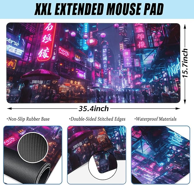 Desk Mat,Cyberpunk Neon City Large Gaming Mouse Pad for Desk XXL,Futuristic Night Street Desk Pad,Extended Big Computer Keyboard Mouse Pad with Non-Slip Base and Stitched Edge 35.4"x15.7"