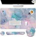 Arttown Pink Blue Desk Mat Marble Mouse Pad Set 4 in 1 Purple Gold Gradient Ergonomic Design Large Desk Pad + Keyboard Wrist Rest + Mouse Wrist Rest + Coaster Suitable for Home Office Study Game
