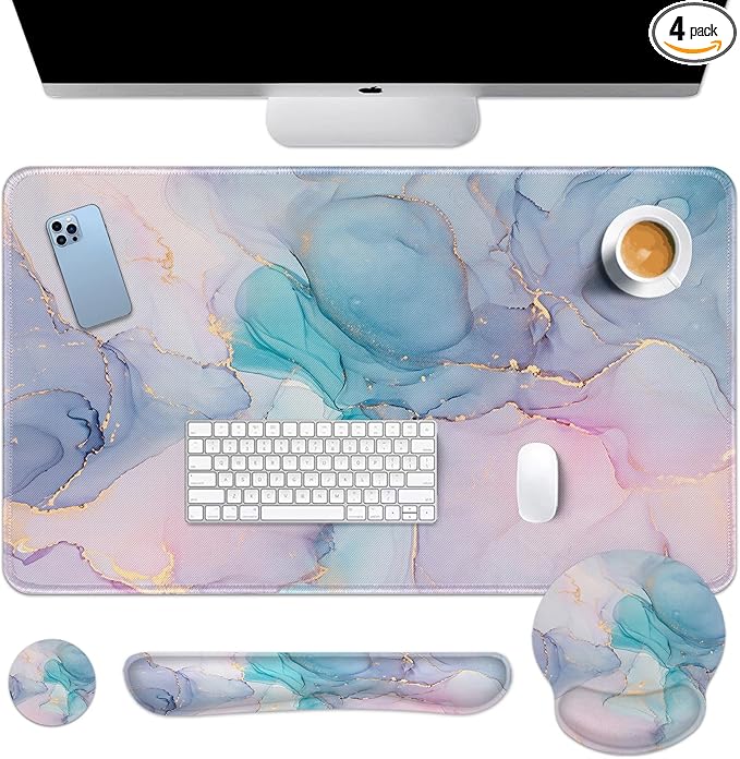 Arttown Pink Blue Desk Mat Marble Mouse Pad Set 4 in 1 Purple Gold Gradient Ergonomic Design Large Desk Pad + Keyboard Wrist Rest + Mouse Wrist Rest + Coaster Suitable for Home Office Study Game