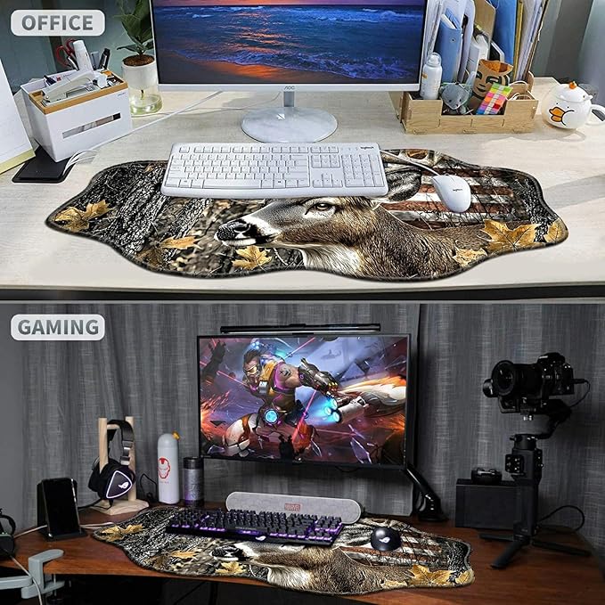 Camo Flag Deer Large Gaming Mouse Pad Plus a Coaster, 35.4 x 15.7 inches Desk Mat Extended XXL Mousepad with Stitched Edge Non-Slip Rubber, Desk Pad Computer Mouse Mat for Home Office