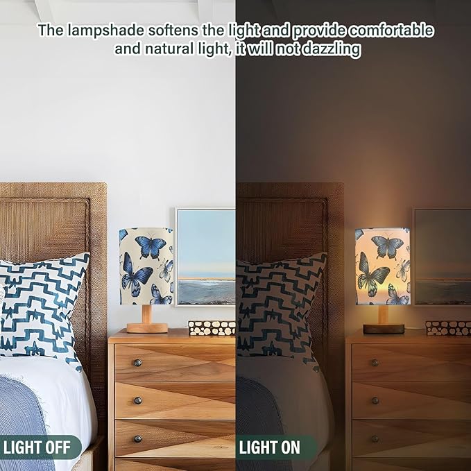 Butterfly LED Table Lamp, Bedside Lamp with Linen Lampshade, Flicker-Free Eye Care USB Plug in Nightstand Lamp, for Bedroom and Office