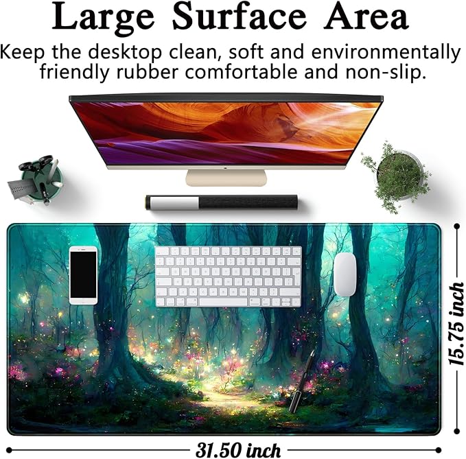 Forest Desk Mat Blue Green Mouse Pad Large Laptop Computer Keyboard Mouse Mat Gaming Mousepad XXL 31.5''X 15.7'' Deskpad Deskmat Cute Desk Pad