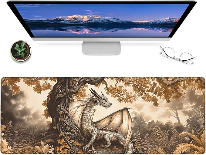 Autumn Dragon Gaming Mouse Pad,12x31.5in Non-Slip Rubber Fantasy Desk Mat,Large Extended Enchanting Tree of Life Mousepad for Office Home Laptop,Mice Pads Gifts,Game Lover Deskmat Decor