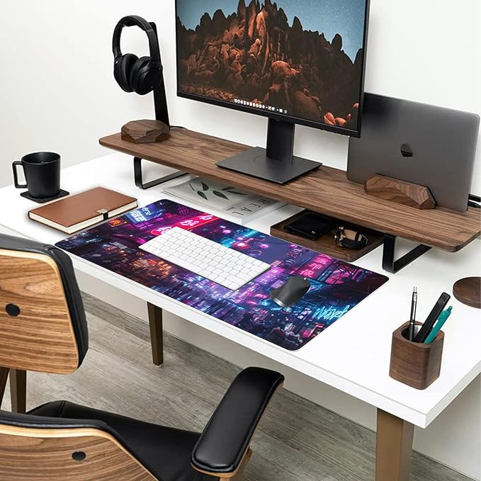 Desk Mat,Cyberpunk Neon City Large Gaming Mouse Pad for Desk XXL,Futuristic Night Street Desk Pad,Extended Big Computer Keyboard Mouse Pad with Non-Slip Base and Stitched Edge 35.4"x15.7"
