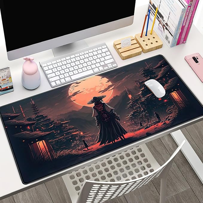 Japanese Landscape Desk Mat Post Moonlight Samurai Mouse Pad Large Dark Aesthetic Desk Pad Gaming Mousepad Extended XXL 31.5 x 15.7 in Laptop Computer Mouse Keyboard Mat