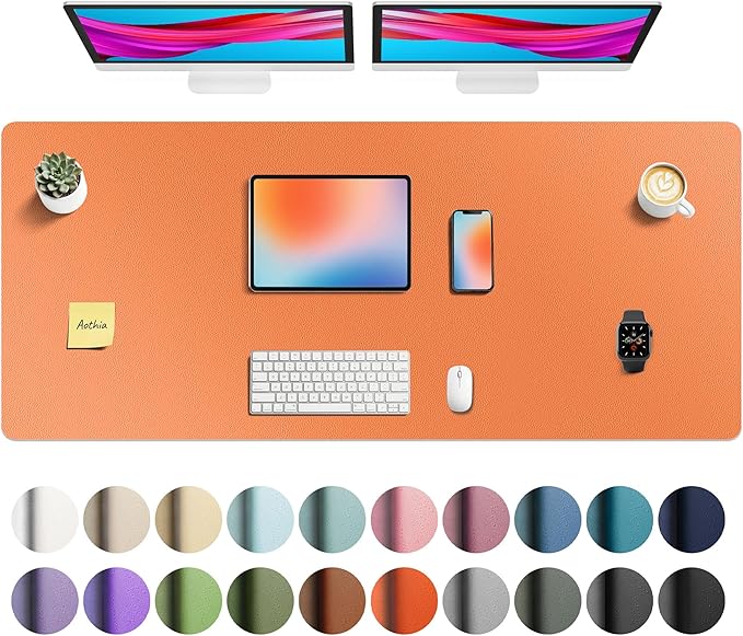 Aothia Faux Leather Desk Mat - Non-Slip PU Leather Desk Blotter, Waterproof Writing Surface, Large Desk Pad for Office & Home (Orange, 55" x 24")