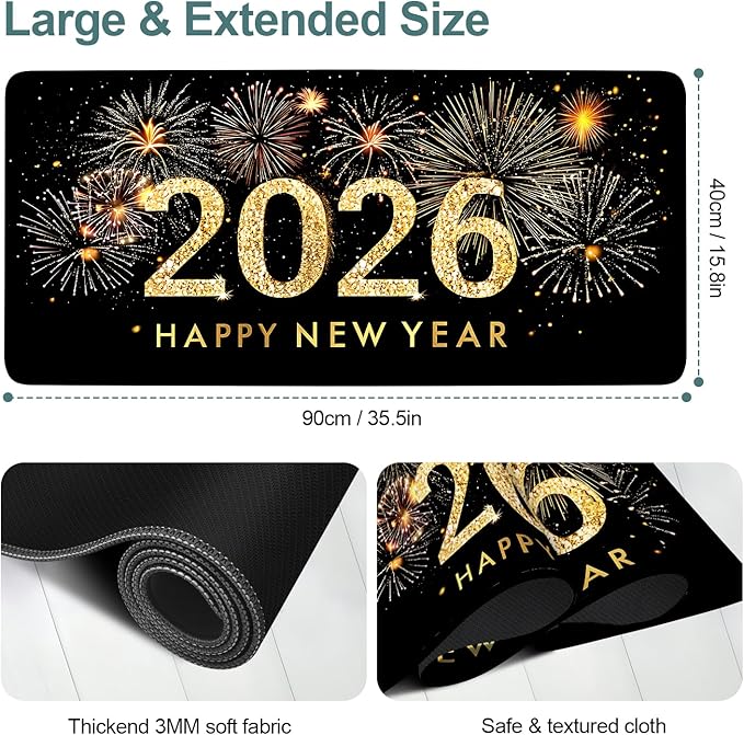 Happy New Year - 2026 Extended Gaming Mouse Pad 35.4x15.7Inch Large Desk Mat Anti-Slip Rubber Base & Durable Stitched Edges for Gamers Smooth Mouse Writing Surface for Desk Office/Home
