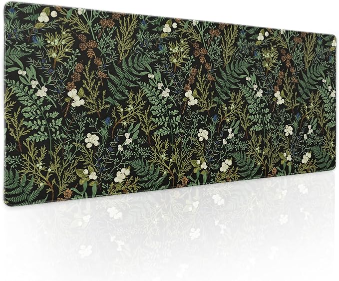 aportt Black Aesthetic Vintage Botanical Gaming Mouse Pad XL Cute Forest Green Plant Nature Floral Extended Large Big Mousepad Non-Slip Stitched Edge Long Mat for Desk Office Computer,31.5×11.8 in