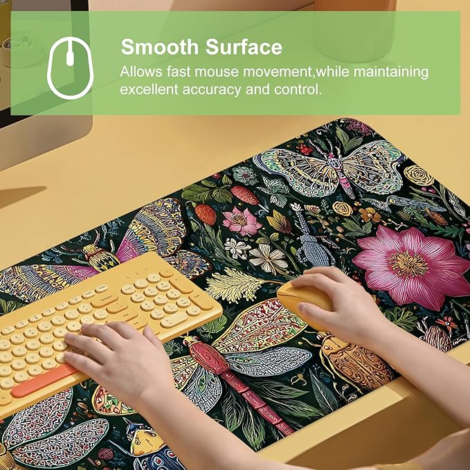 Desk Mat, XXL Extended Gaming Pad for Desktop, 31x12 Inches Butterflies and Dragonflies Garden Scene, Large Non-Slip Vegan Leather Keyboard Mouse Mat for Home Office