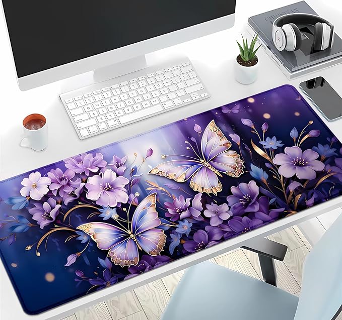 IMAYONDIA Gold Butterfly Desk Pad, Purple Flowers Large Mousepad, Floral Desk Mat, Modern Beutiful Extended Mouse Pads for Laptop, Computer Pad for Women Girls Office, 31.5x11.8 in