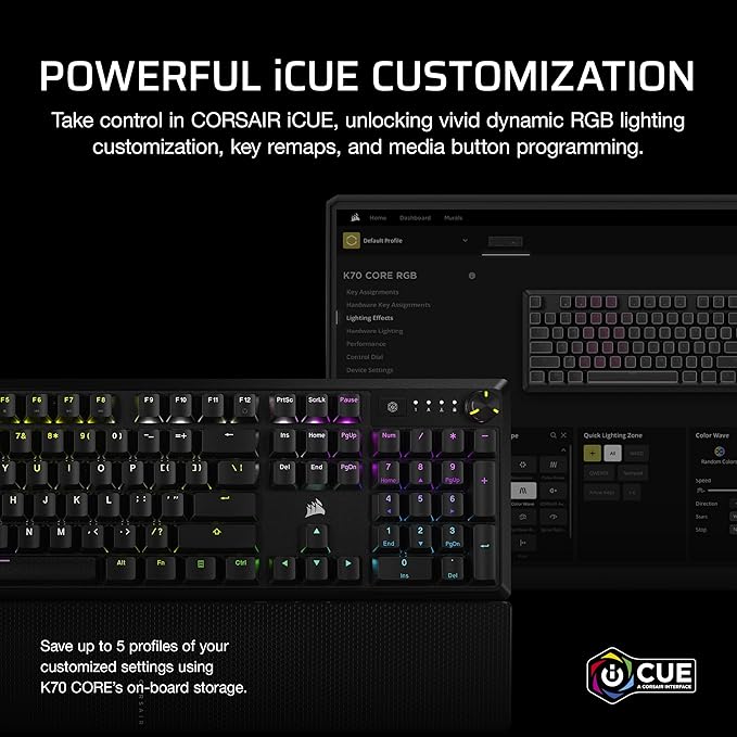 CORSAIR K70 CORE RGB Mechanical Wired Gaming Keyboard with Palmrest – Pre-Lubed MLX Red Linear Switches, SOCD, ABS Double-Shot Keycaps, Sound Dampening, Media Control Dial, QWERTY NA – Black