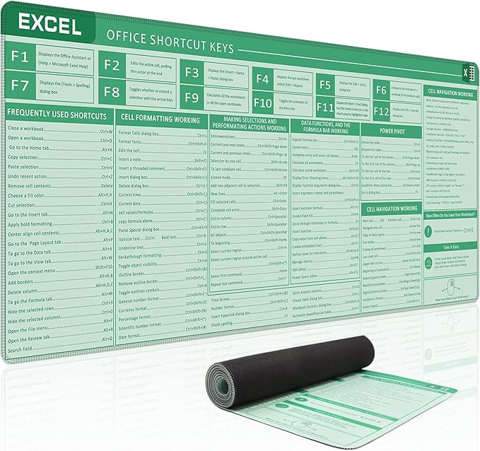 Baziabbo Office Desk Mat, Excel Cheat Sheet Keyboard Mat, Excel Shortcut Desk Pads,Non-Slip Excel Mousepad with Stitched Edges for Computer (Sheet Green)