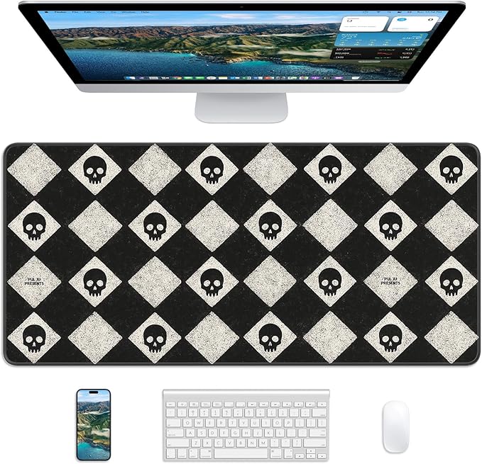 XL Gaming Mouse Pad, 31.5x15.7'' Large Desk Mat with Anti-Slip Rubber Base & Stitched Edges for Gaming, Office, Home, Cute Skulls