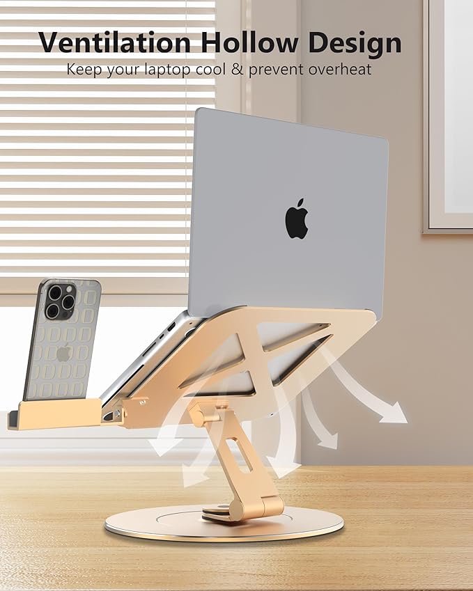 Ultra-Stable Aluminumy Laptop Stand for Desk with Foldable Phone Holder, 300% Large Base Stability, Anti-Loosening, Lectern Stand Suitable for 10"-17.3" Laptops, Champagne Golden
