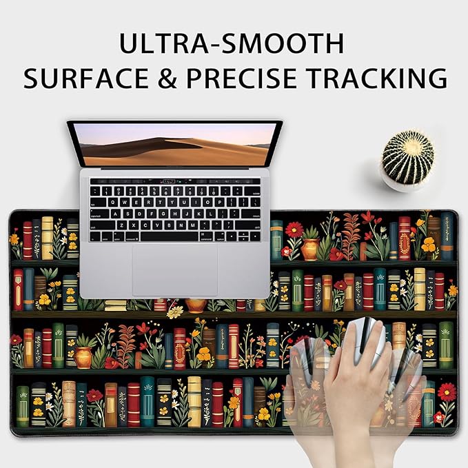 Vintage Library Bookshelf Large Gaming Mouse Pad 31.5"x15.7"｜ Flower XXL Desk Mat, Non-Slip Rubber Base & Stitched Edges - Extended Waterproof Mousepad for PC/Laptop/Office/Home Decor