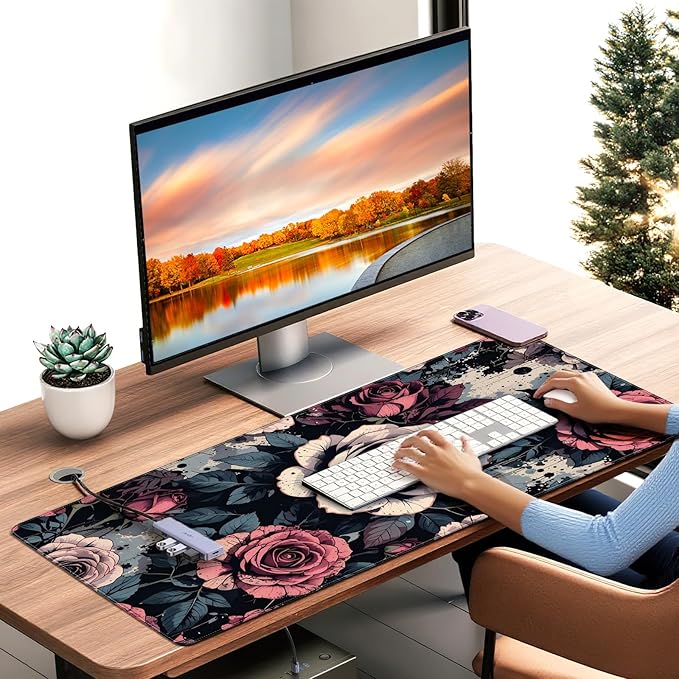 XXL Gaming Mouse Pad, Vintage Rose Floral Design, 35.4 x 15.7 Inches, Microfiber Cloth, Non-Slip Rubber Base, Rectangular Extended Desk Mat