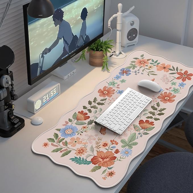iCasso Desk Mat, Scalloped Desk Matt for Desktop, Cute Desk Pad Mat, XXL Large Mouse Pad, Anti-Slip Big Mousepad with Stitched Edges, Keyboard Pad Mouse Mat for Computer(Light Pink)
