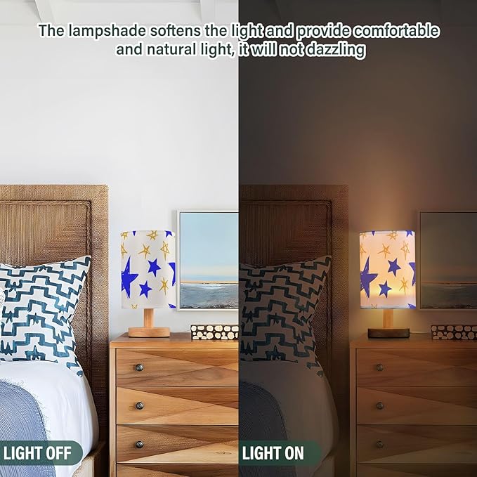 Blue Star LED Table Lamp, Bedside Lamp with Linen Lampshade, Flicker-Free Eye Care USB Plug in Nightstand Lamp, for Bedroom and Office