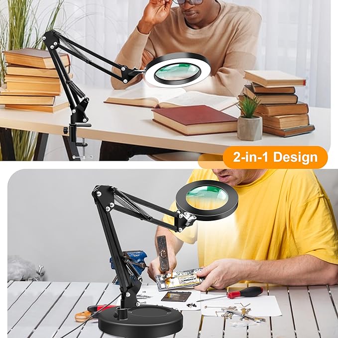 10X Magnifying Glass with Light and Stand, Magnifier with Light Hands Free, 3 Color Modes 10 Level Dimmable, Magnifying Real Glass LED Desk Lamp for Close Work, Repair, Reading, Craft, Black