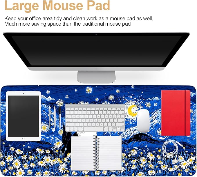 Large Mouse Pad & Keyboard Mat 35x16 Inches, Van Gogh Starry Night with Cat and Daisy Non-Slip Rubber Base Desk Mat, Large Extended Desk Protector for Home Office Gaming Setup