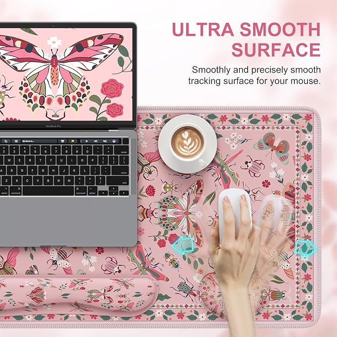 iCasso Large Mouse Pad for Desk, Computer Desk Mat, 3Pcs XXL Keyboard and Mouse Pad + Keyboard Wrist Rest, Desk Matt for Desktop, Easy Typing & Comfort Ultra Thick Mousepad Keyboard Mat (Pink)