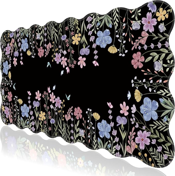 L-SPOUTTO Floral Mouse Pad,Botanical Desk Mat XXL Large Scalloped Black Gaming Mousepad,35.4x15.7in Non-Slip Rubber Base Keyboard Pad Waterproof Desktop Mat for Laptop Computer Game Home Office-Flower