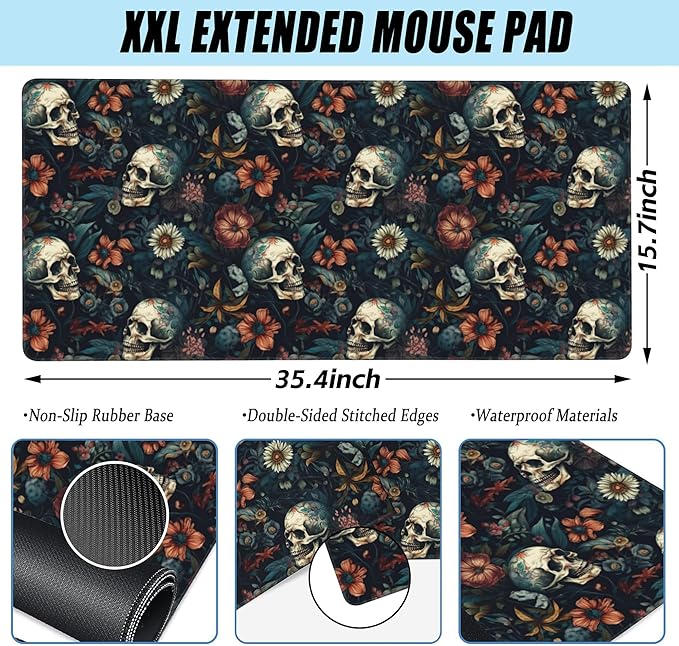 Desk Mat,Skulls with Flowers Large Gaming Mouse Pad for Desk XXL,Skull Floral Desk Pad for Desktop,Extended Big Computer Keyboard Mouse Pad with Non-Slip Base and Stitched Edges 35.4"x15.7"