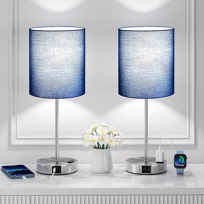 Blue Touch Lamps for Nightstand Set of 2 - Bedside Table Lamp for Bedroom with Dual USB Ports & AC Outlet, 3-Way Dimmable Lamps for Living Room Boys Room, Night Light with 5000K Daylight Bulbs
