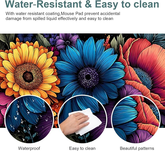 Spring Flowers Extended Gaming Mouse Pad 35.4x15.7Inch Large Desk Mat Anti-Slip Rubber Base & Durable Stitched Edges for Gamers Smooth Mouse Writing Surface for Desk Office/Home