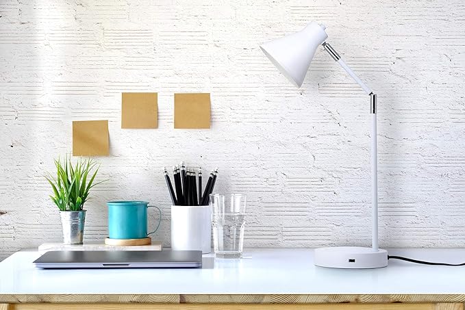 O'Bright LED Desk Lamp with USB Charging Port, 100% Metal, 270 Flexible Swivel Arms, Soft White LED Reading Light (3000K), Bedside/Office/Table Lamp, ETL Listed (White)