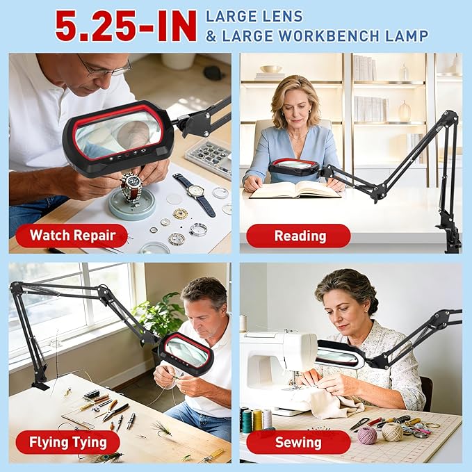 HITTI 12X Square Magnifying Glass with Light and Clamp, Ultra Long LED Desk Lamp with 5 Colors & Stepless Dimming | Hands-Free Workbench Lighted Magnifier Stand for Crafting, Repair,Painting- Red