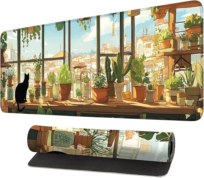 Desk Mat, XXL Extended Gaming Pad for Desktop, 31x12 Inches Cat Lover Kitty in Window with Houseplants, Large Non-Slip Vegan Leather Surface with Stitched Edges, Keyboard Mouse Mat for Home Office