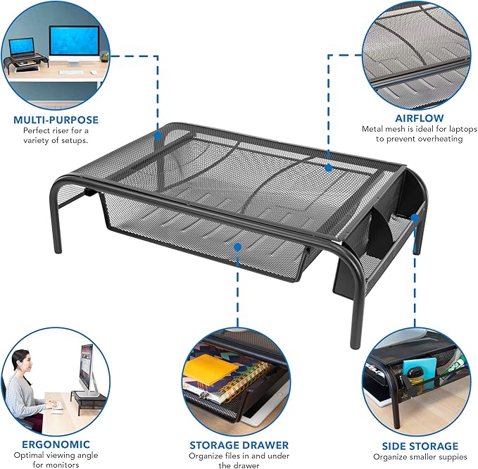 Mount-It! Metal Mesh Monitor Stand with Drawer, Ergonomic Desk Organizer and Riser for Monitors and Laptops, Desktop Stand with Extra Storage and Side Pocket, Black