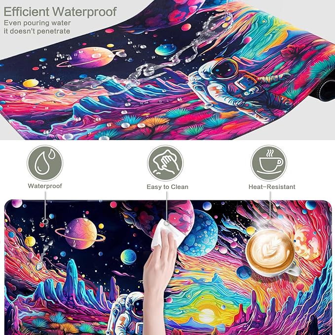 Cyberpunk Astronaut Mouse Pad Desk Mat Fantasy Planet Space Large Gaming Mouse Pad Anime Desk Pad Mousepad XXL Extended Keyboard Mat Futuristic Cosmic Adventure Mouse Mat, Waterproof, 31.5 x 15.7 in