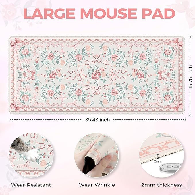 iCasso Pink Desk Mat for Desktop,Cute Desk Pad for Women,Girly Bow Mouse Pad with Stitched Edges,Non-Slip Large Computer Mat for Home Office Study Gaming