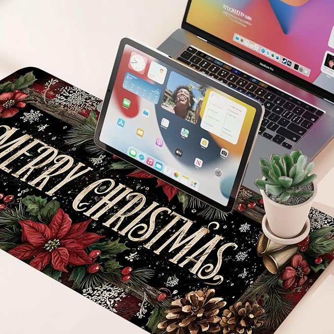 Desk Mat, XXL Extended Gaming Pad for Desktop, 31x12 Inches Floral with Flowers, Large Non-Slip Vegan Leather Surface with Stitched Edges, Keyboard Mouse Mat for Home Office