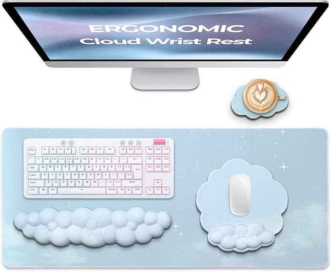 Premium Quality Cloud Wrist Rest Keyboard & Mouse Pad Set – Ergonomic Memory Foam Desk Accessories with Wrist Support for Office & Gaming – Baby-Blue-Sky