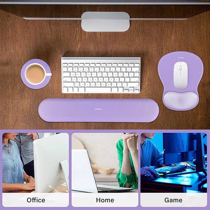 MOSISO Wrist Rest Support for Mouse Pad&Keyboard Set, Curved Ergonomic Mousepad&Coaster Non-Slip Base Home/Office Pain Relief&Easy Typing Cushion with Soft Cloth&Silicone Lining, Purple