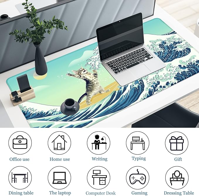 Funny Cat Desk Mat, Desk Matt for Desktop, Surfer Cat DeskPad Mat, XXL Large Mouse Pad for Desks, Anti-Slip Big Mousepad with Stitched Edges, Keyboard Mats for Computer, Work, Office, Game, Home
