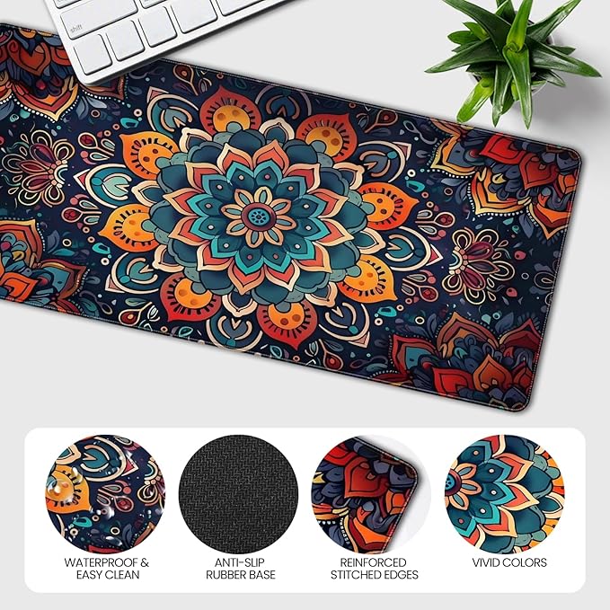 XXL Gaming Mouse Pad, Bohemian Floral Pattern, 35.4 x 15.7 Inches, Microfiber Cloth, Non-Slip Rubber Base, Extended Desk Mat