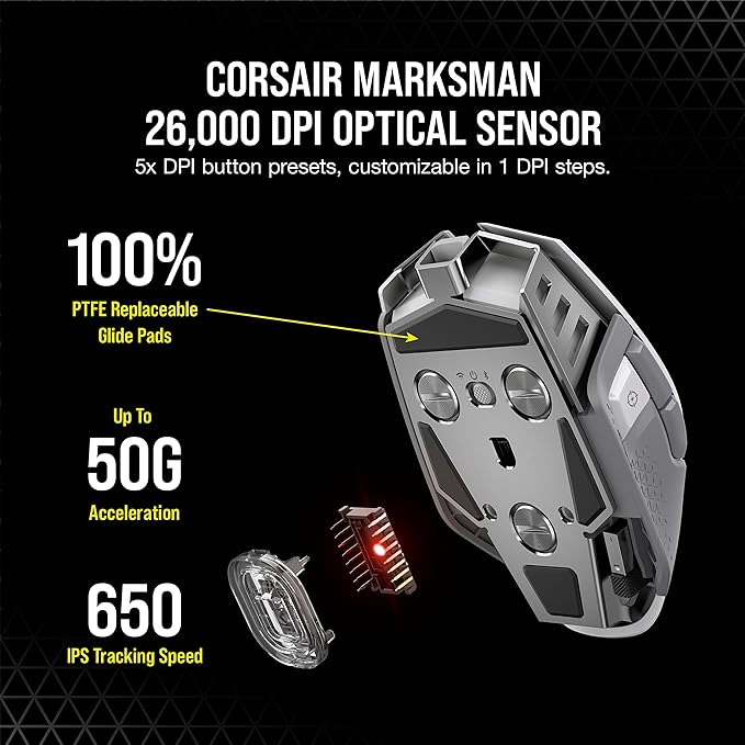Corsair M65 RGB Ultra Wireless Tunable FPS Wireless Gaming Mouse - Sub-1ms Slipstream Wireless Technology, 26,000 DPI Optical Sensor, Up to 120 Hours of Battery Life, 8 Programmable Buttons - White