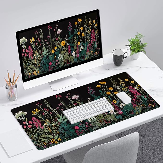 Floral Desk Pad Mouse Pad Weeds Flower Aesthetic Wildflower Mousepad XL Large Gaming Mouse Pad Laptop Keyboard Mat Desk Pad Office Home Decor for Women Girl 31.5"x11.8"